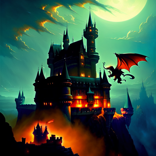 A dragon flying in a castle of moonlight, centered, Dark, Fairytale, fantasy, (Greg Rutkowski), (Marc Simonetti), (Frank Frazetta), (Artgerm) with style of beatifull landscape with castles