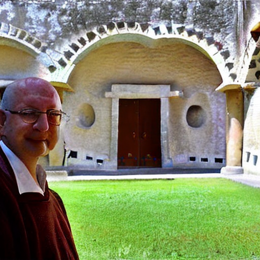 un monje en el patio de un monasterio con un caracol en la mano