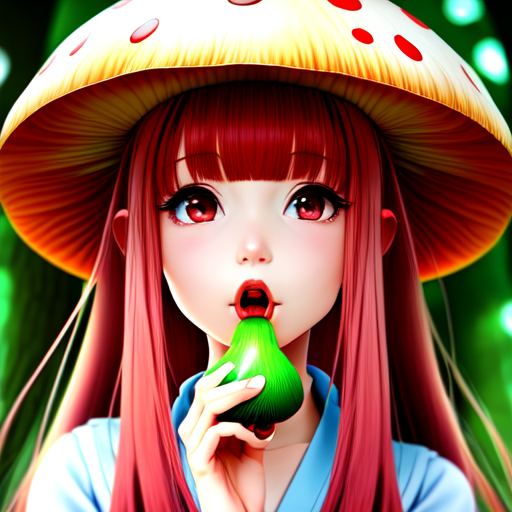 Anime girl putting a mushroom inside her mouth, centered, 8k, HD with style of
