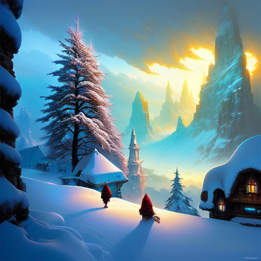 Snowy Vacation Spots, centered, fantasy, (Greg Rutkowski), (Marc Simonetti), (Frank Frazetta), (Artgerm) with style of epic lighting