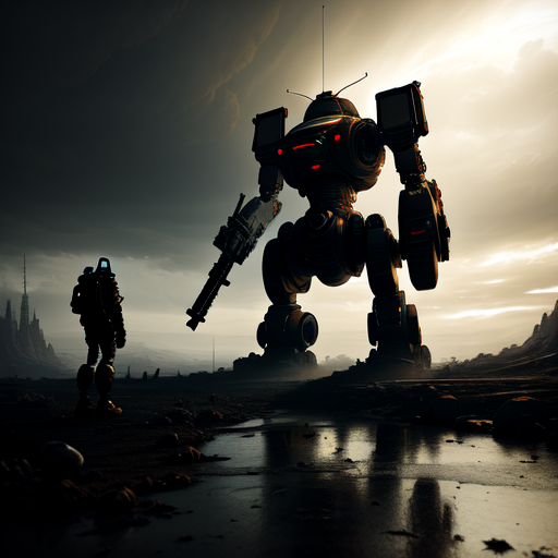 Unreal robot with a mashingun, centered, Weapon, (works by Jan Urschel, Michal Karcz), dark sci-fi, trending on artstation with style of apocalypse