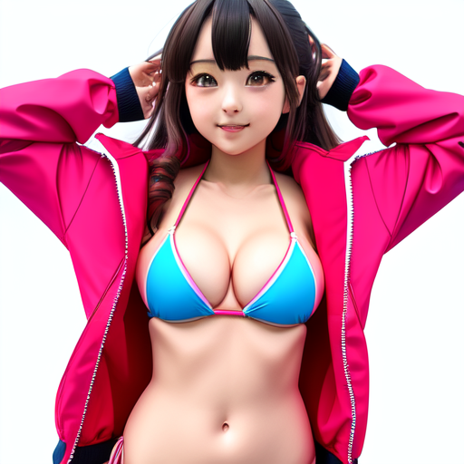 Anime girl opening jacket with a bikini inside, centered, 8k, HD with style of