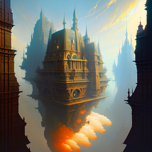 Gravity-defying architecture, centered, Architecture, fantasy, (Greg Rutkowski), (Marc Simonetti), (Frank Frazetta), (Artgerm) with style of (Marc Simonetti)