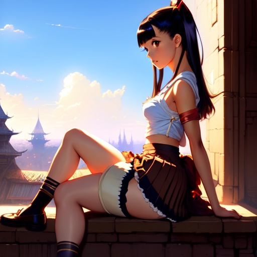 Anime girl sitting wearing a skirt with underwear, centered, fantasy, (Greg Rutkowski), (Marc Simonetti), (Frank Frazetta), (Artgerm) with style of (Greg Rutkowski)
