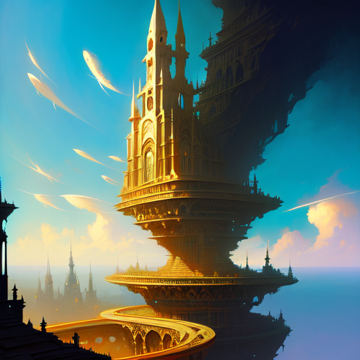 Gravity-defying architecture, centered, Architecture, fantasy, (Greg Rutkowski), (Marc Simonetti), (Frank Frazetta), (Artgerm) with style of (Charlie Bowater)