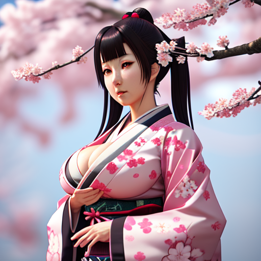 Gorgeous Sakura, Big Boobies, Kimono, centered, 3d, octane render, high quality, 4k with style of