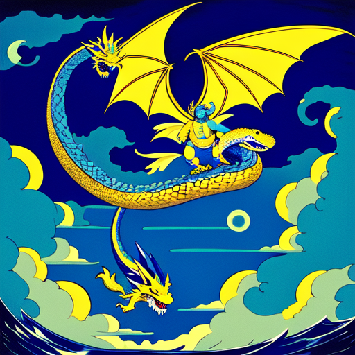 a yellow and blue dragon with no wings and a giant mustache and a snake like body soaring over the sea on a moonlight day hydra with scales, centered, Dragon, Pablo olivera, smooth lines, graphic novel, comic art, trending on artstation ((Mike Mignola)) with style of (Jack Kirby)