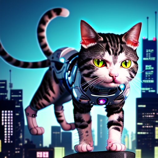 Cyborg cat on hight tech city, centered, 8k, HD with style of