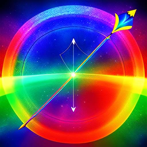 Cosmic bow and arrow with a rainbow string, centered, Weapon, 8k, HD with style of