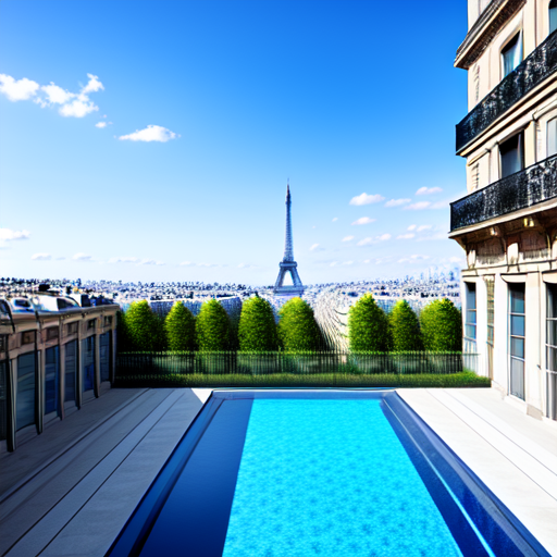 building in Paris with 3 stories a pool and a runway, centered, Architecture, 8k, HD with style of