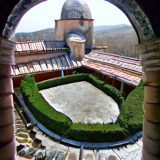 un monje en el patio de un monasterio con un caracol en la mano