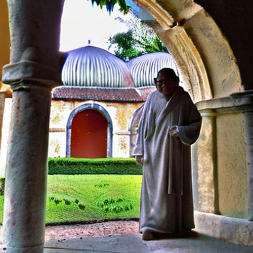 un monje en el patio de un monasterio con un caracol en la mano