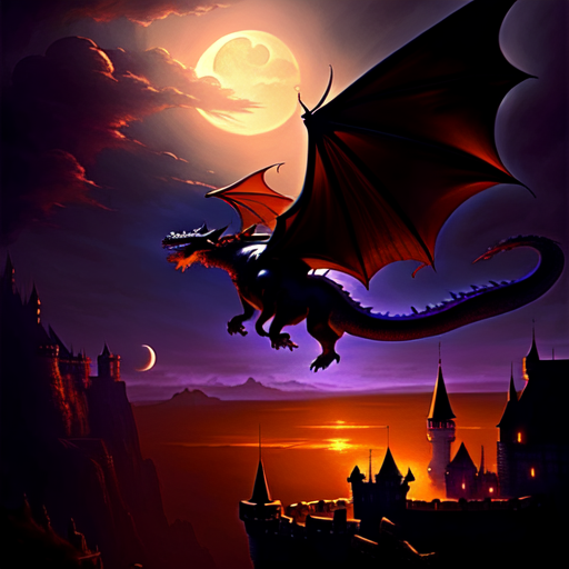 A dragon flying in a castle of moonlight, centered, Dark, Fairytale, fantasy, (Greg Rutkowski), (Marc Simonetti), (Frank Frazetta), (Artgerm) with style of (Marc Simonetti)