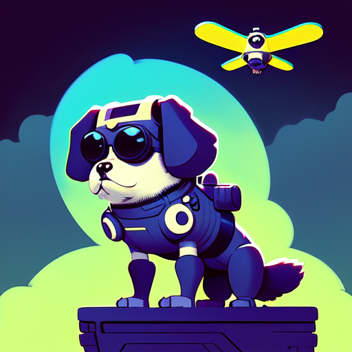 Cute and fluffy and smart and futuristic dog that can fly, centered, Pablo olivera, smooth lines, graphic novel, comic art, trending on artstation ((Mike Mignola)) with style of (John Byrne)