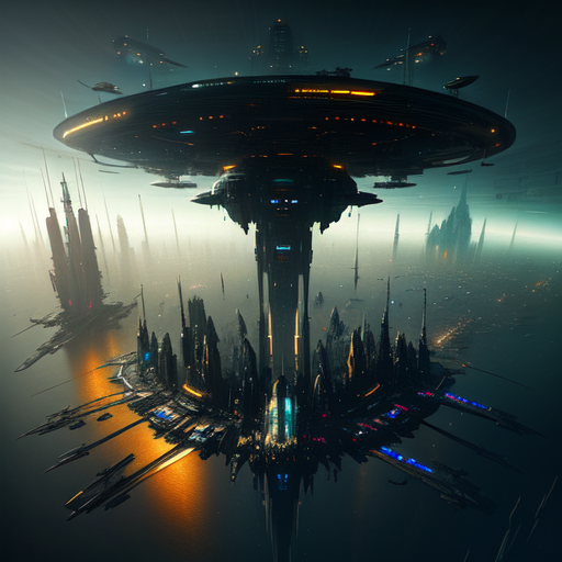 Futuristic flying city, centered, (works by Jan Urschel, Michal Karcz), dark sci-fi, trending on artstation with style of (John Berkey)