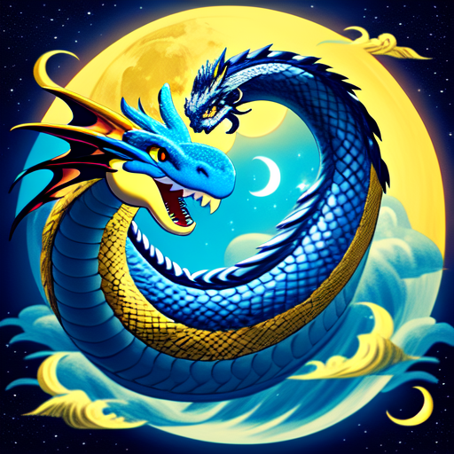 a yellow and blue dragon with no wings and a giant mustache and a snake like body soaring over the sea on a moonlight day, centered, Dragon, 8k, HD with style of