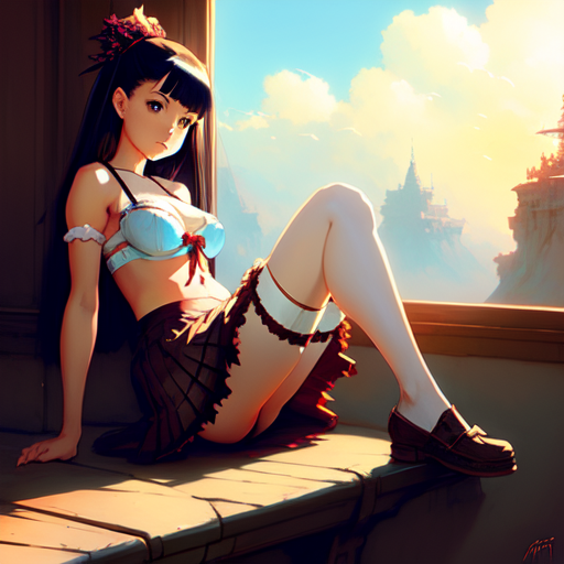 Anime girl sitting wearing a skirt with underwear, centered, fantasy, (Greg Rutkowski), (Marc Simonetti), (Frank Frazetta), (Artgerm) with style of (Marc Simonetti)