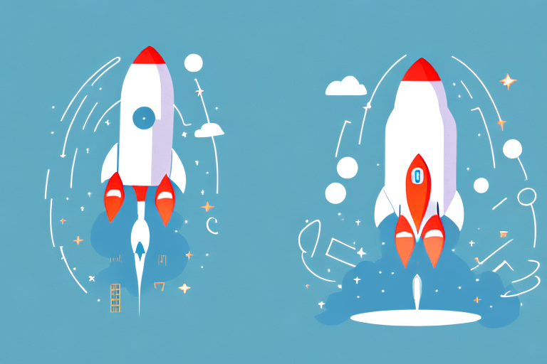 Graphic of two white rockets with red tip and engines launching from the ground