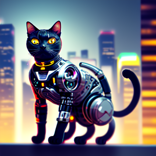 Cyborg cat on hight tech city, centered, 8k, HD with style of