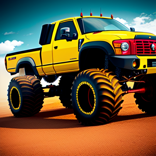 a giant yellow and red monster truck with machine guns, centered, Monster Truck, 8k, HD with style of