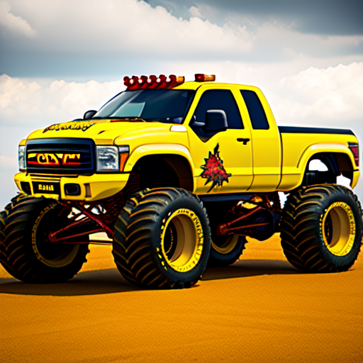 a giant yellow and red monster truck with machine guns, centered, Monster Truck, 8k, HD with style of