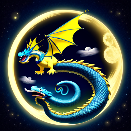 a yellow and blue dragon with no wings and a giant mustache and a snake like body soaring over the sea on a moonlight day, centered, Dragon, 8k, HD with style of