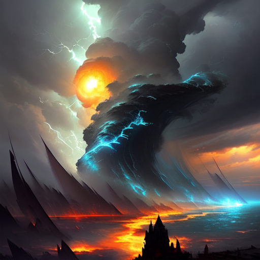 Storms that opened new continents and became typhoon that causes people to have magical powers, centered, fantasy, (Greg Rutkowski), (Marc Simonetti), (Frank Frazetta), (Artgerm) with style of (Marc Simonetti)