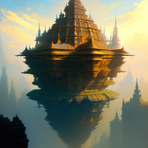 Gravity-defying architecture, centered, Architecture, fantasy, (Greg Rutkowski), (Marc Simonetti), (Frank Frazetta), (Artgerm) with style of (Frank Frazetta)