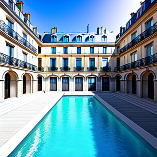 building in Paris with 3 stories a pool and a runway, centered, Architecture, 8k, HD with style of