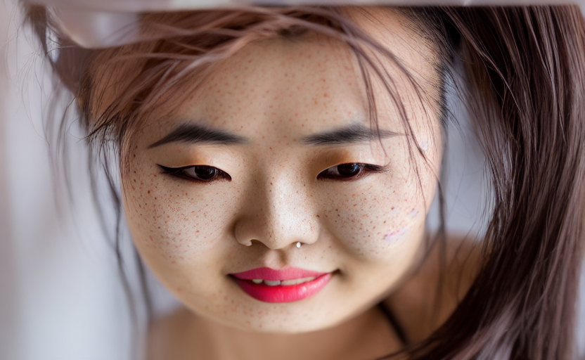 Asian woman, light freckles