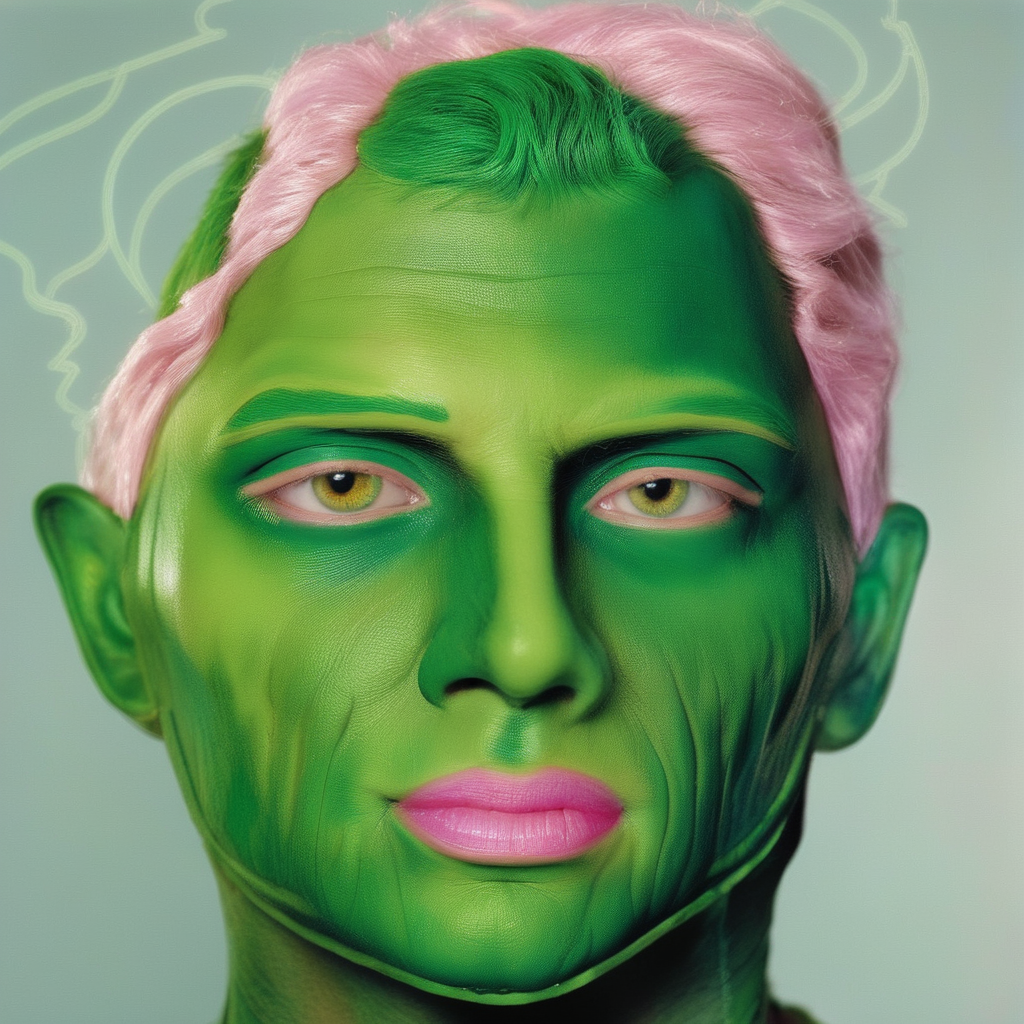 man with green skin who looks like barbie and wicked witch, realistic, HD color photograph