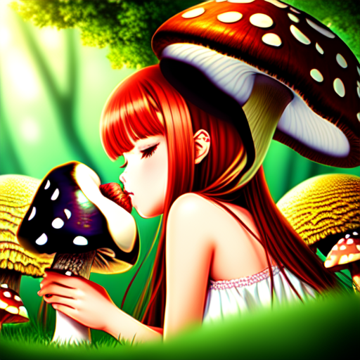 Anime girl kissing a Mushroom, centered, 8k, HD with style of
