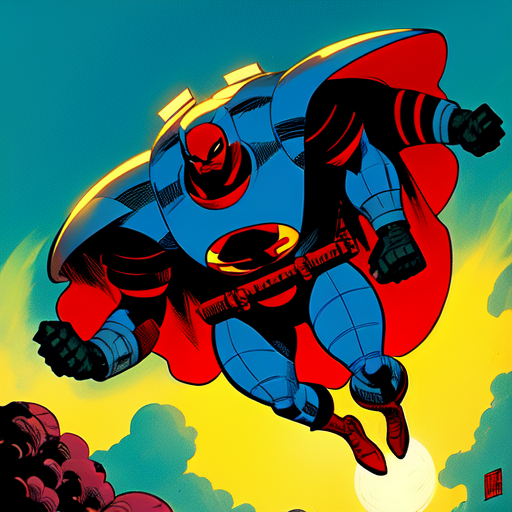 a giant superhero swimming in a mech, centered, Comic Art, Pablo olivera, smooth lines, graphic novel, comic art, trending on artstation ((Mike Mignola)) with style of (Steve Ditko)