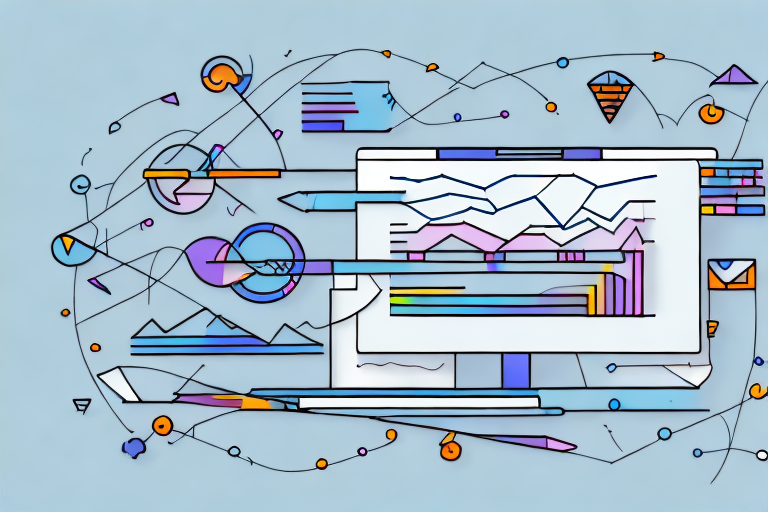 Graphical colorful image of a desktop in the background and lots of pens graphs, shapes.