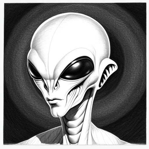 A cool and handsome alien from the center of the universe, centered, Realistic art, pencil drawing with style of