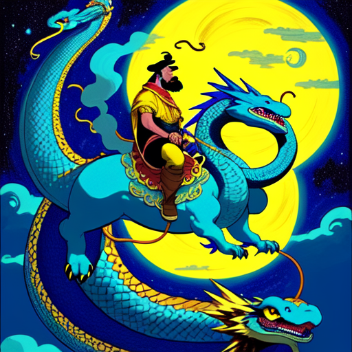 a yellow and blue dragon with no wings and a giant mustache and a snake like body soaring over the sea on a moonlight day hydra with scales, centered, Dragon, Pablo olivera, smooth lines, graphic novel, comic art, trending on artstation ((Mike Mignola)) with style of (John Byrne)