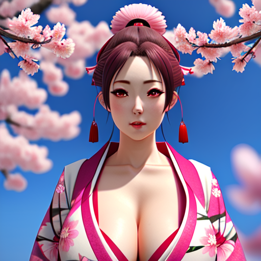 Gorgeous Sakura, Big Boobies, Kimono, centered, 3d, octane render, high quality, 4k with style of