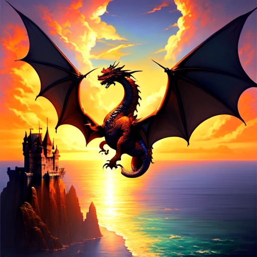 Dragon soaring over ocean, centered, Dragon, fantasy, (Greg Rutkowski), (Marc Simonetti), (Frank Frazetta), (Artgerm) with style of beatifull landscape with castles